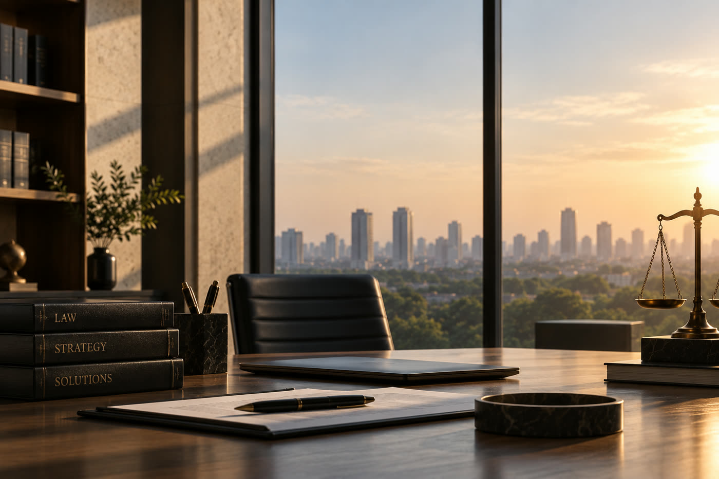 A partner's desk with Law, Strategy and Solutions volumes, a scale of justice and a city view at sunset
