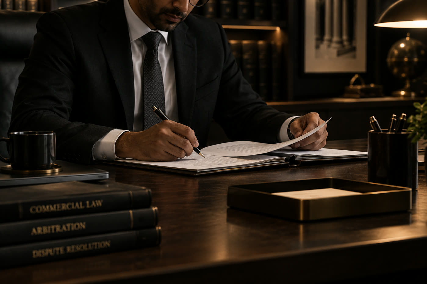 Lawyer reviewing and signing a document at a desk, with commercial law, arbitration and dispute resolution volumes nearby