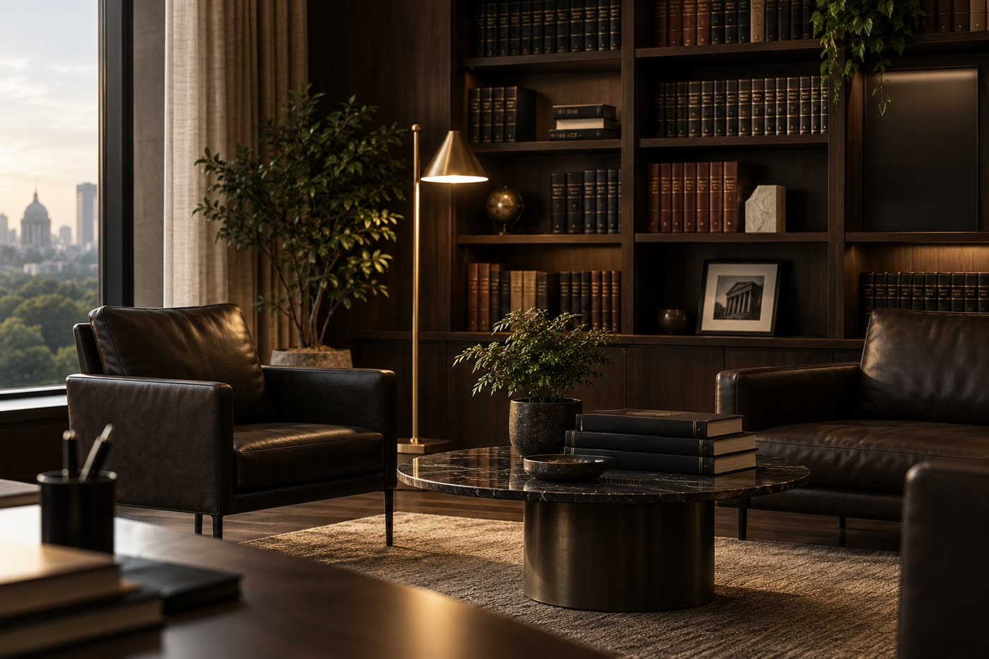 Private lounge with leather armchairs, a law library and a city view