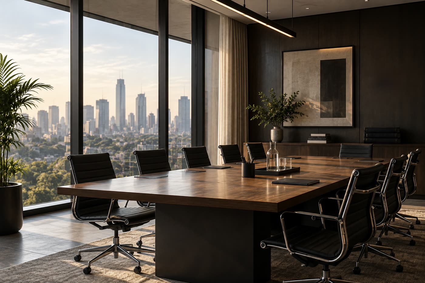 Modern boardroom conference table overlooking the city skyline
