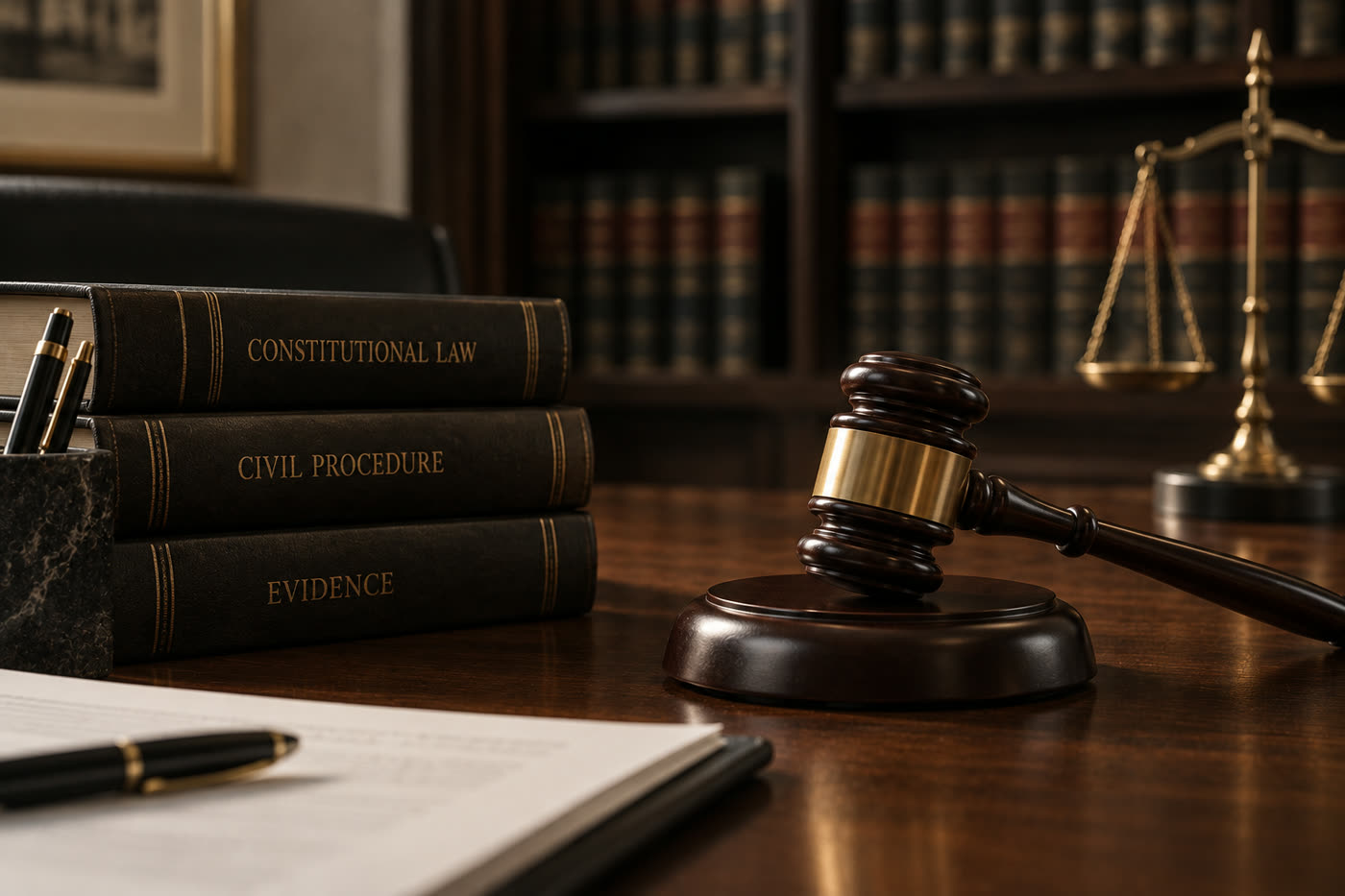 Gavel and scales of justice beside constitutional law and evidence volumes