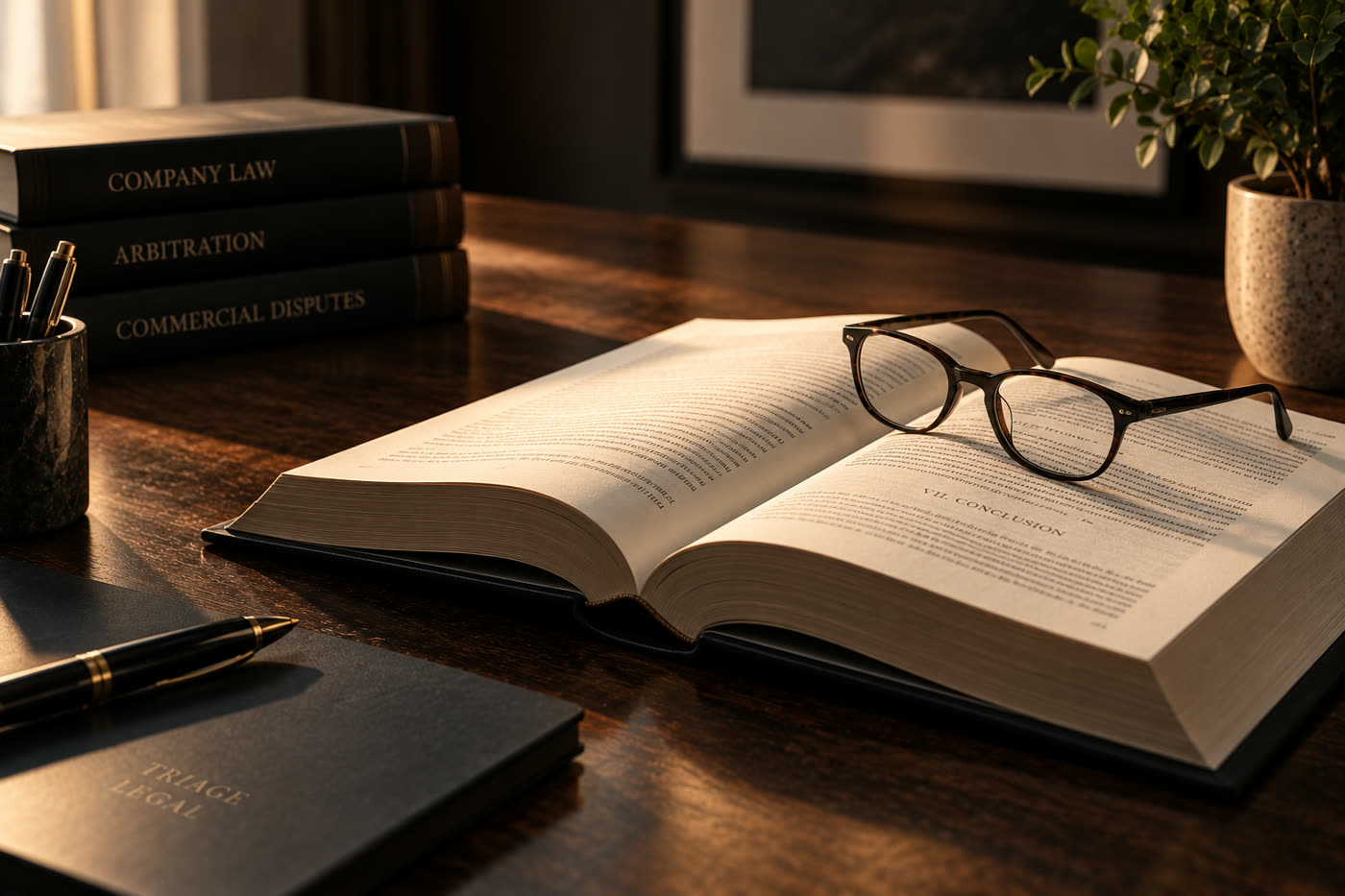 Open law book with reading glasses beside a Triage Legal notebook