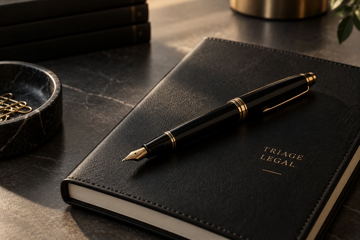 Fountain pen resting on a Triage Legal notebook
