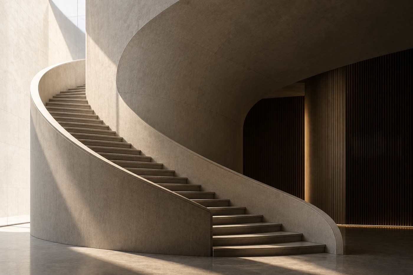 Sweeping curved staircase in a modern, minimalist interior
