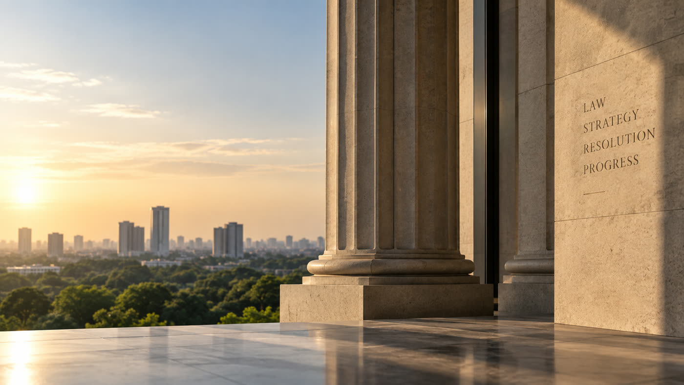 Colonnade at sunrise overlooking the city skyline, inscribed Law, Strategy, Resolution, Progress