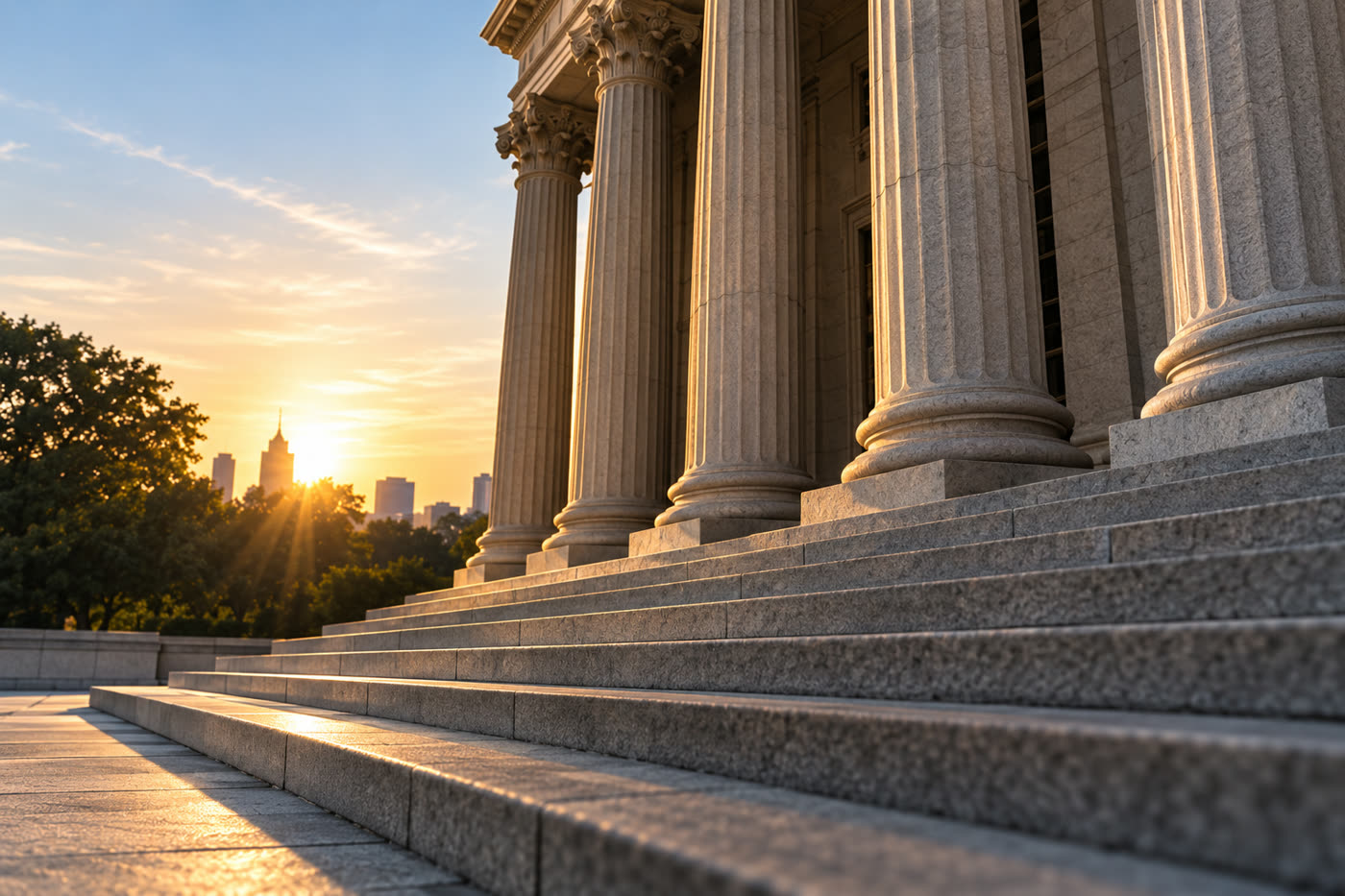 Sunrise light on classical courthouse columns and steps