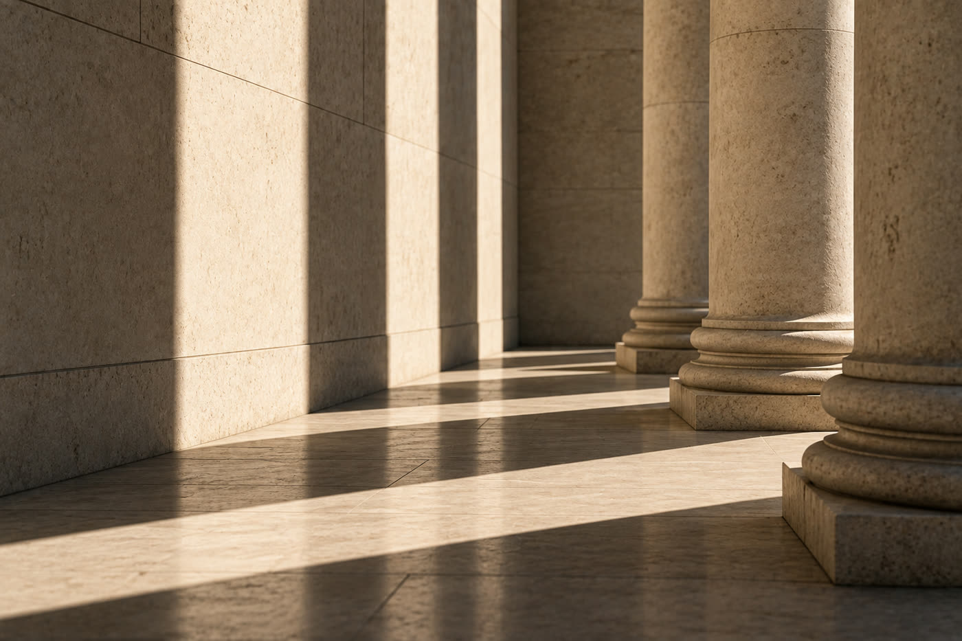 Warm light across a colonnade walkway