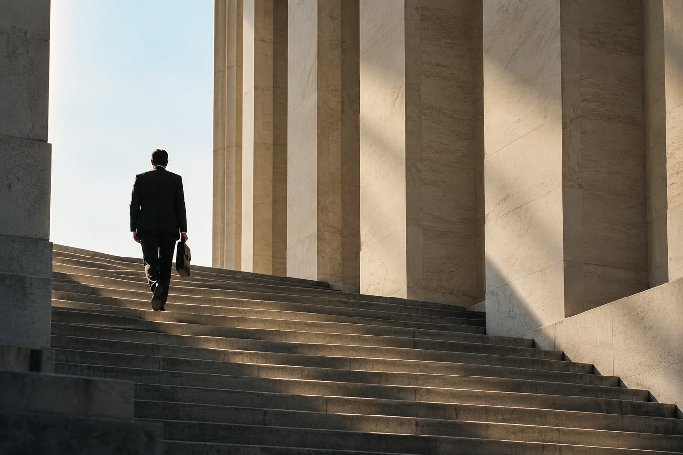 A lawyer with a briefcase walking up grand stone steps between columns