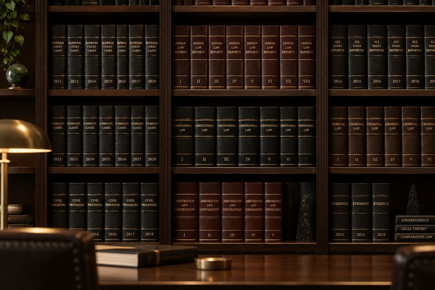 Shelves of bound law reports and case law volumes