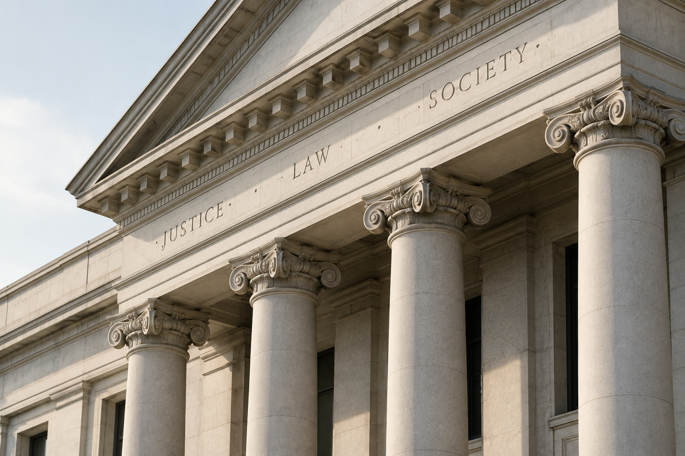 Courthouse facade inscribed Justice, Law, Society, with classical columns