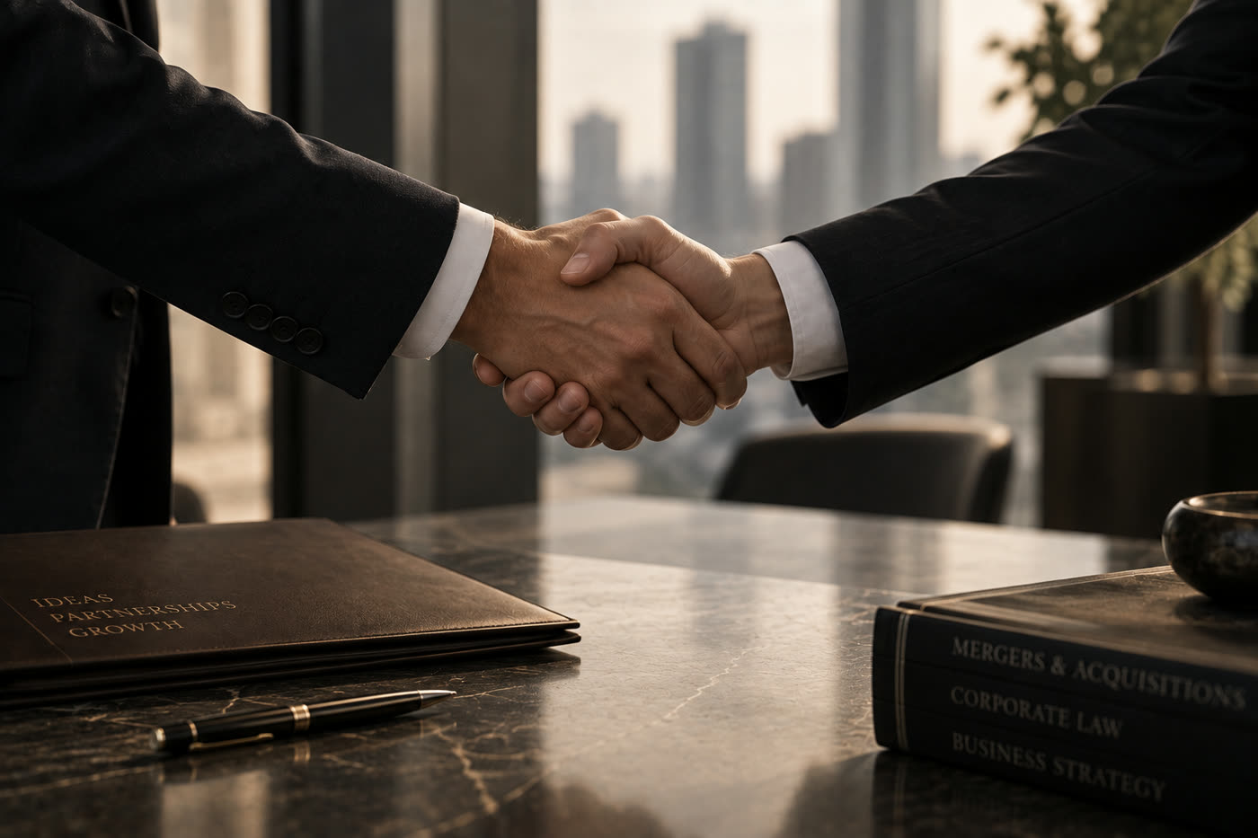 Two partners shaking hands over a boardroom table with mergers and acquisitions law books and a city skyline behind