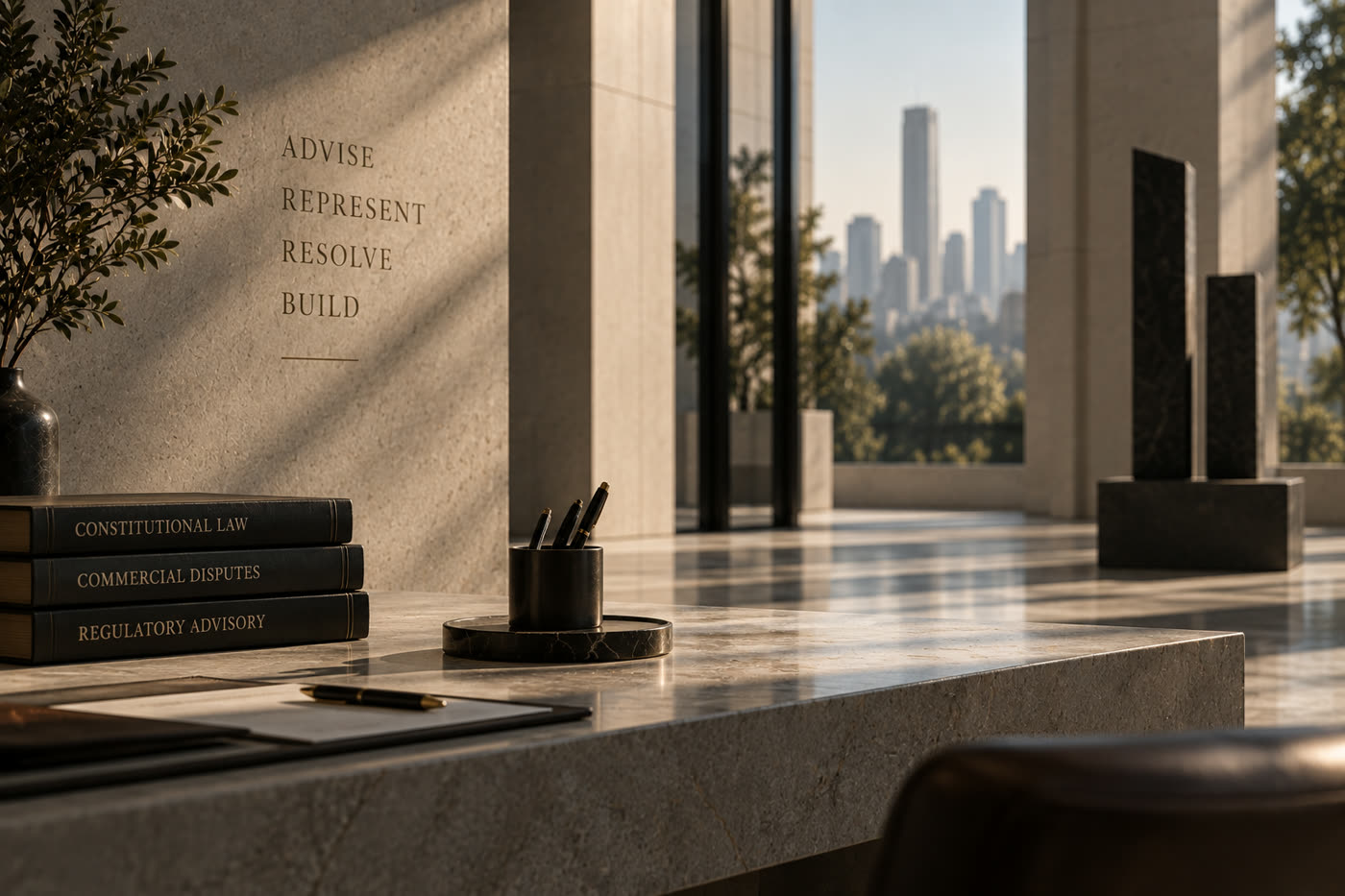 A stone desk with law books and an ADVISE, REPRESENT, RESOLVE, BUILD wall inscription overlooking a city skyline