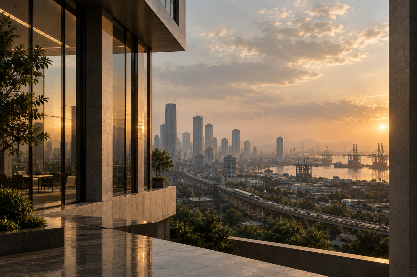 A sunset view from a modern high-rise terrace over a city skyline, port and elevated highway