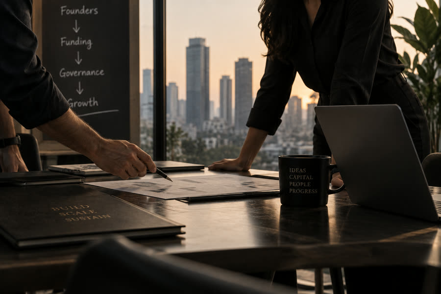 Two founders reviewing charts at a desk with a Founders to Funding to Governance to Growth chalkboard